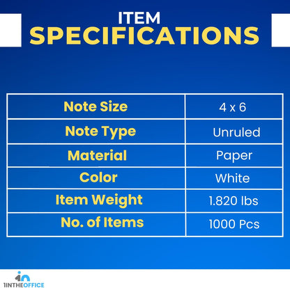 1InTheOffice White Memo Loose Sheets 4x6, Unruled, Plain White, 1000/Pack