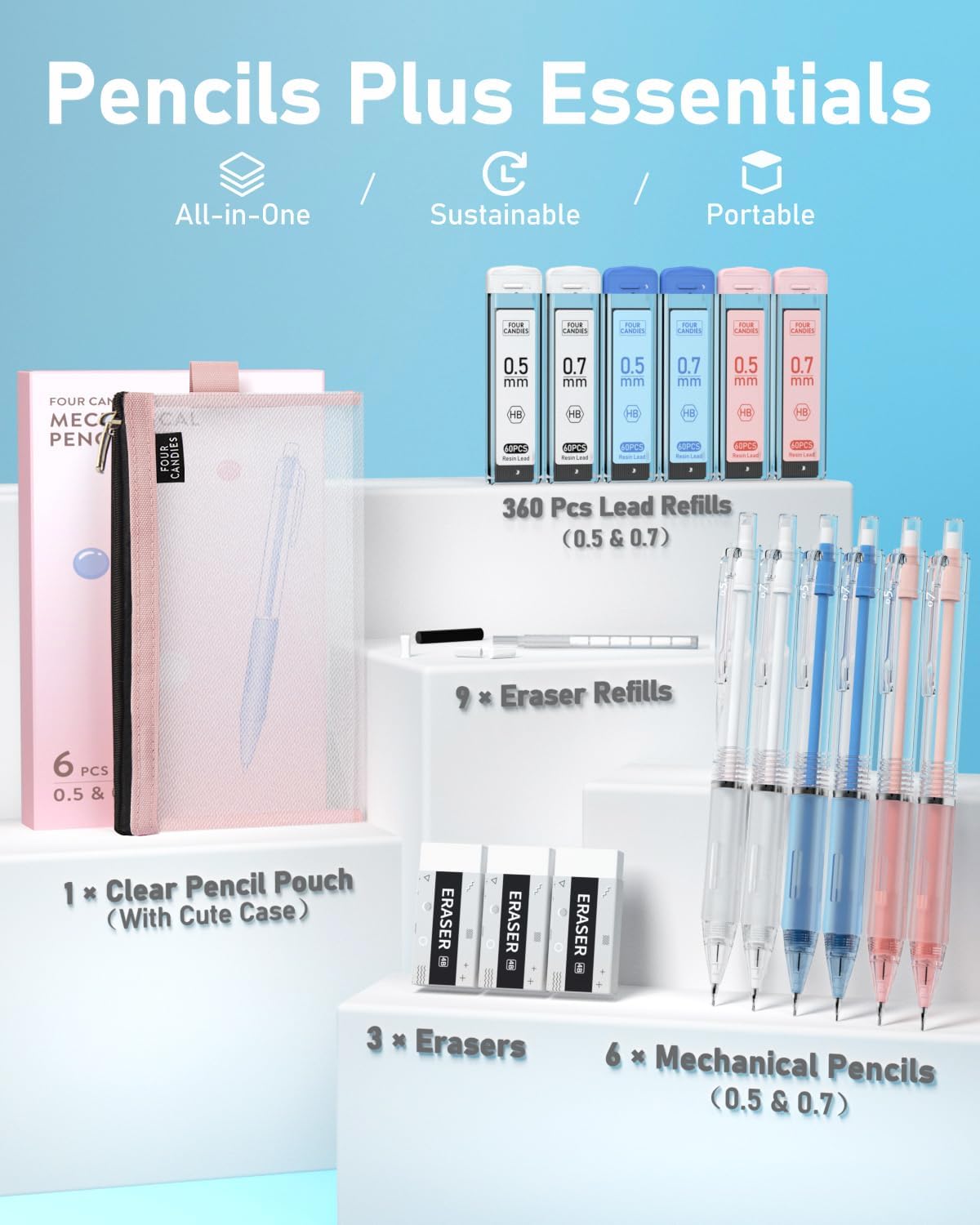 Four Candies Mechanical Pencil Set with Case, 6PCS Aesthetic Mechanical Pencils 0.5 & 0.7mm with 360PCS HB Lead Refills, 12PCS Erasers, Cute Mechanical Pencils for Writing, Drawing and Sketching