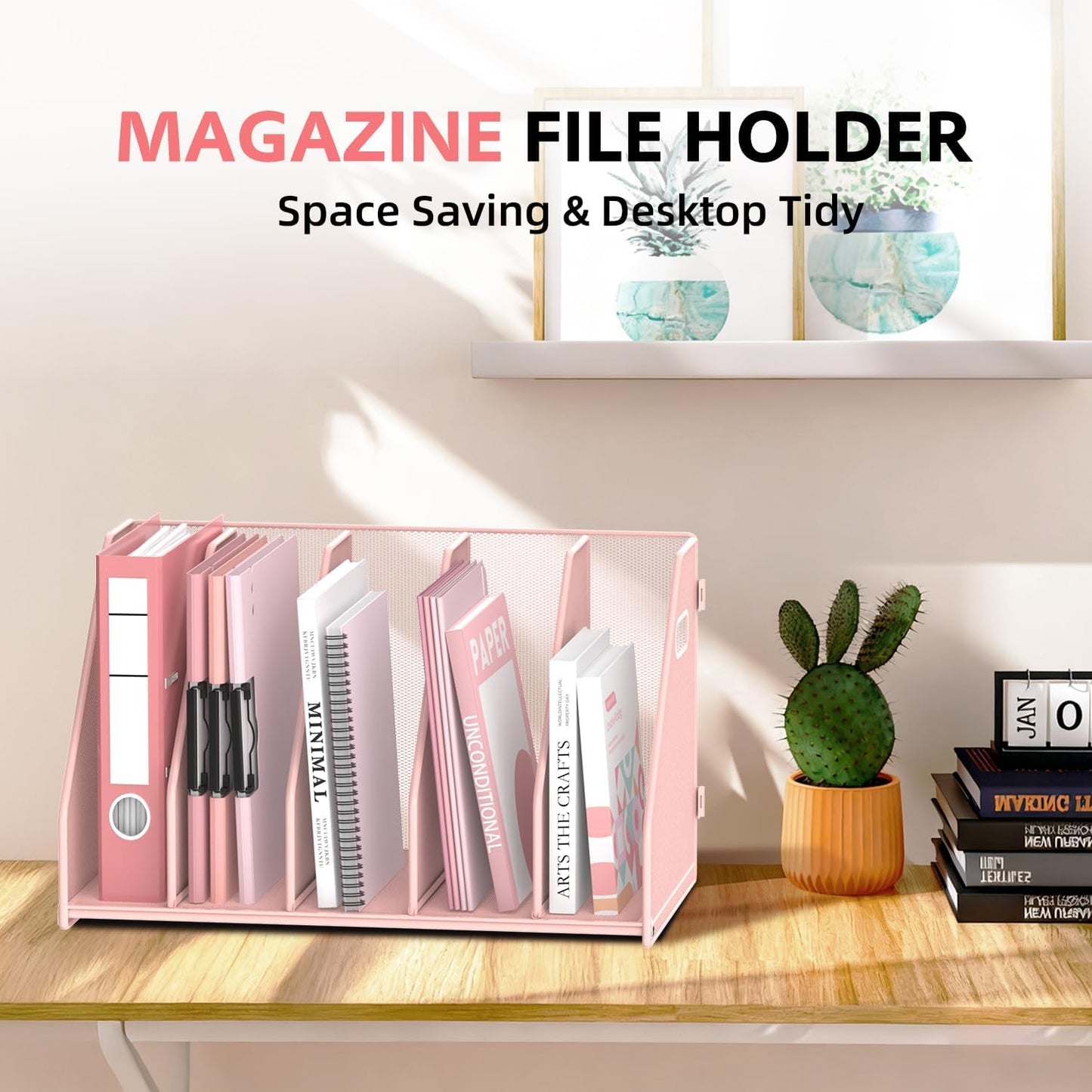 SUPEASY Binder Organizer, Magazine File Holder with 5 Vertical Compartments Rack, Metal Desk File Organizer & Binder Holders, Magazine Organizers for Office Desktop, Home, School, Classroom (Black)