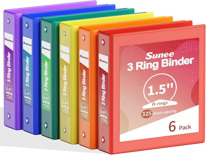 SUNEE 1 Inch Binders 3 Ring 6 Pack, Clear View Three Ring Binders PVC-Free (Fit 8.5x11 Inches) for School Binder or Office Binder Supplies, Classic 6 Colors