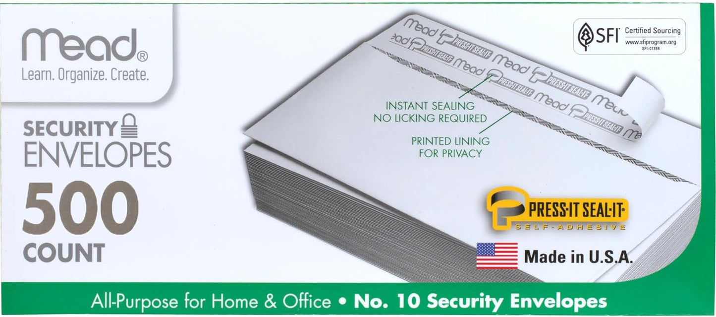 Mead #10 Security Business Envelopes Letter Size 4-1/8" x 9-1/2" – Peel and Seal, Privacy Lined, No-Window, Press-It Seal-It Self-Adhesive for Home & Office Mailing, 45 Count (75026)