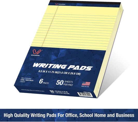 Woodlake Legal Pads 8.5 "x 14" – 6‑Pack, Wide Ruled, Premium White Paper Pad No ink Bleed, Micro‑Perforated Writing Pads,50 Sheets, Legal Size Note pads for School, Office & Home, Made in USA
