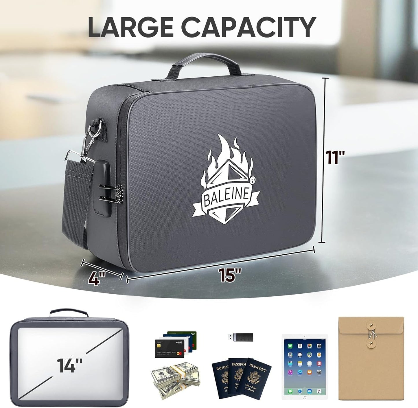 BALEINE Fireproof Document Box with Lock, Portable Fireproof Document Bag Waterproof Fire Proof File Boxes for Documents, File Organizer Box for Important Paperwork (Pink, 15''x11''x4'')