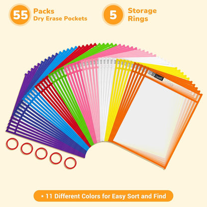 Gamenote Dry Erase Pockets 30 Pack with Rings, Oversized Reusable Plastic Sleeves Shop Job Ticket Holders Sheet Protectors Teacher Supplies Organization for Classroom Must Have, 10x14 Inches (Black)