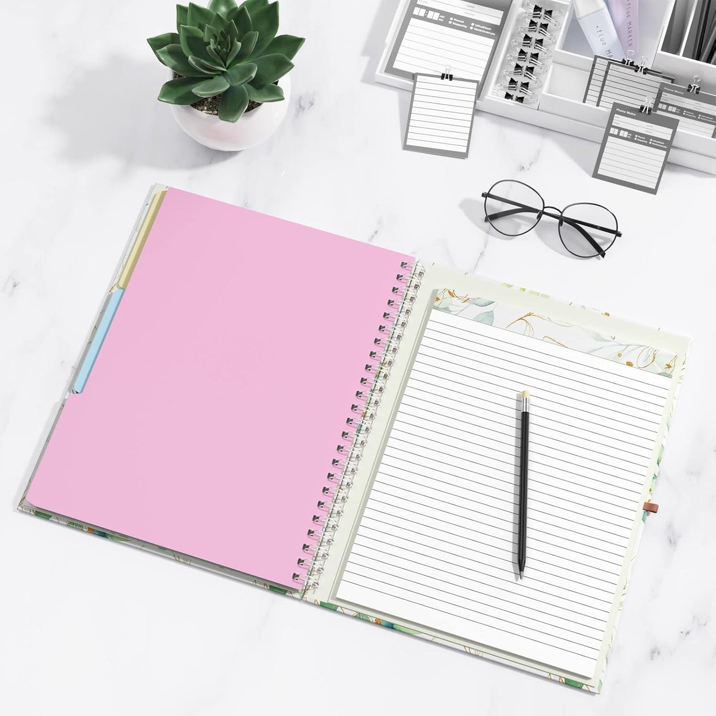 Rimilak Spiral Clipboards Folio with Refillable Lined Notepad, 14.5 x 9.8 In, Hardcover Cover with 5 Interior Pockets, Elastic Band and Pen Loop Series. Cute Stylish Clipfolio, Daisy Flower
