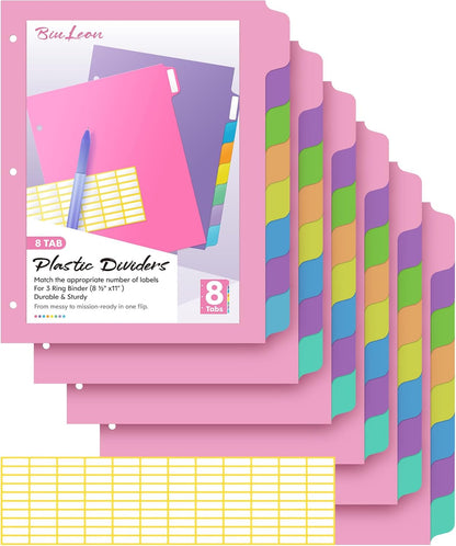 16 PCS 8 Tab Binder Dividers for 3 Ring Binder,Thicken, Write & Erase Reusable Waterproof Plastic Binders for School & Office Files, 2 Set, Extra 40 Labels