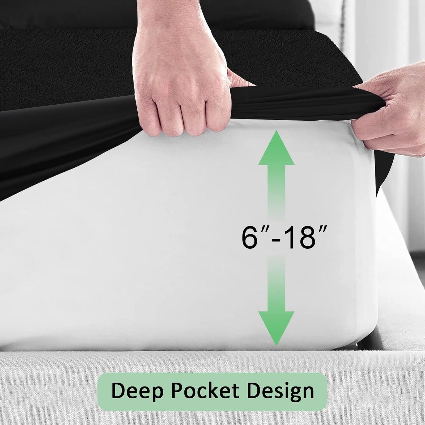 Sufdari Mattress Protector,Waterproof 18" Deep Pocket Mattress Cover Fitted Sheet Style with Elastic Rubber Band,Washable and Easy Care-Black,Queen