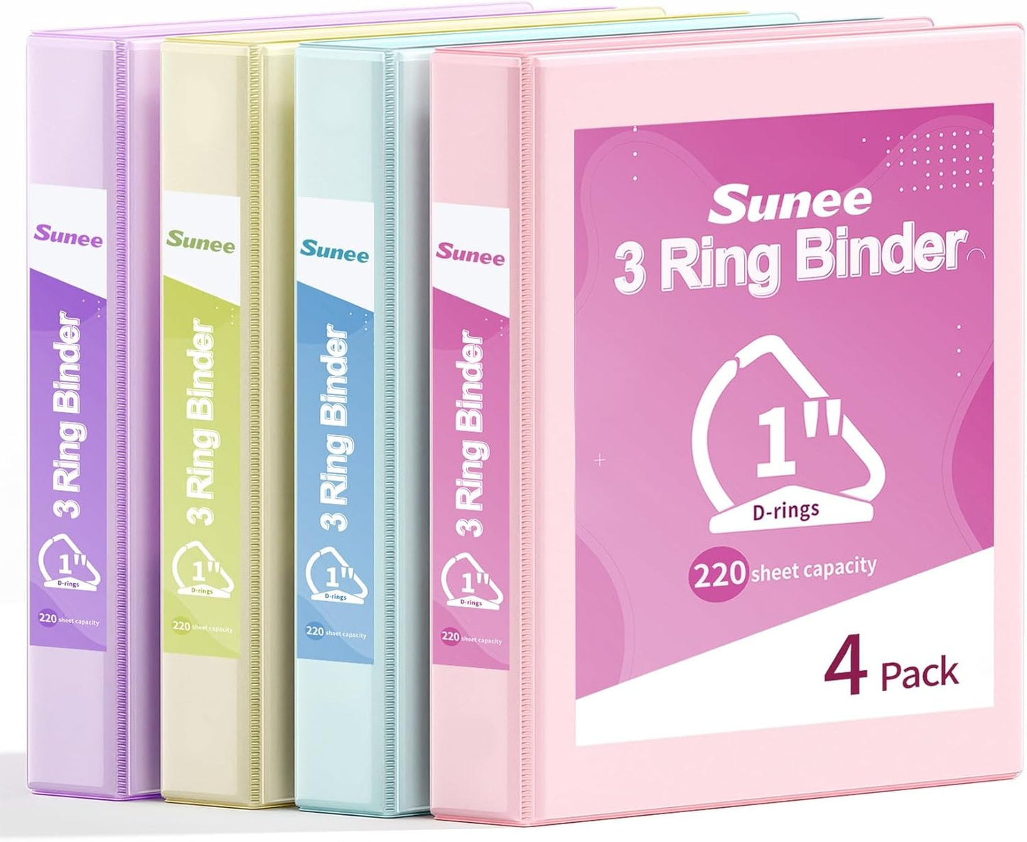 SUNEE 3 Ring Binder 1 Inch D Ring, Clear View Binder Three Ring PVC-Free (Fit 8.5x11 Inches) for School or Office Supplies, Assorted Pastel, 4 Pack