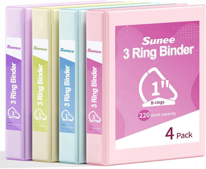 SUNEE 3 Ring Binder 1 Inch D Ring, Clear View Binder Three Ring PVC-Free (Fit 8.5x11 Inches) for School or Office Supplies, Assorted Pastel, 4 Pack