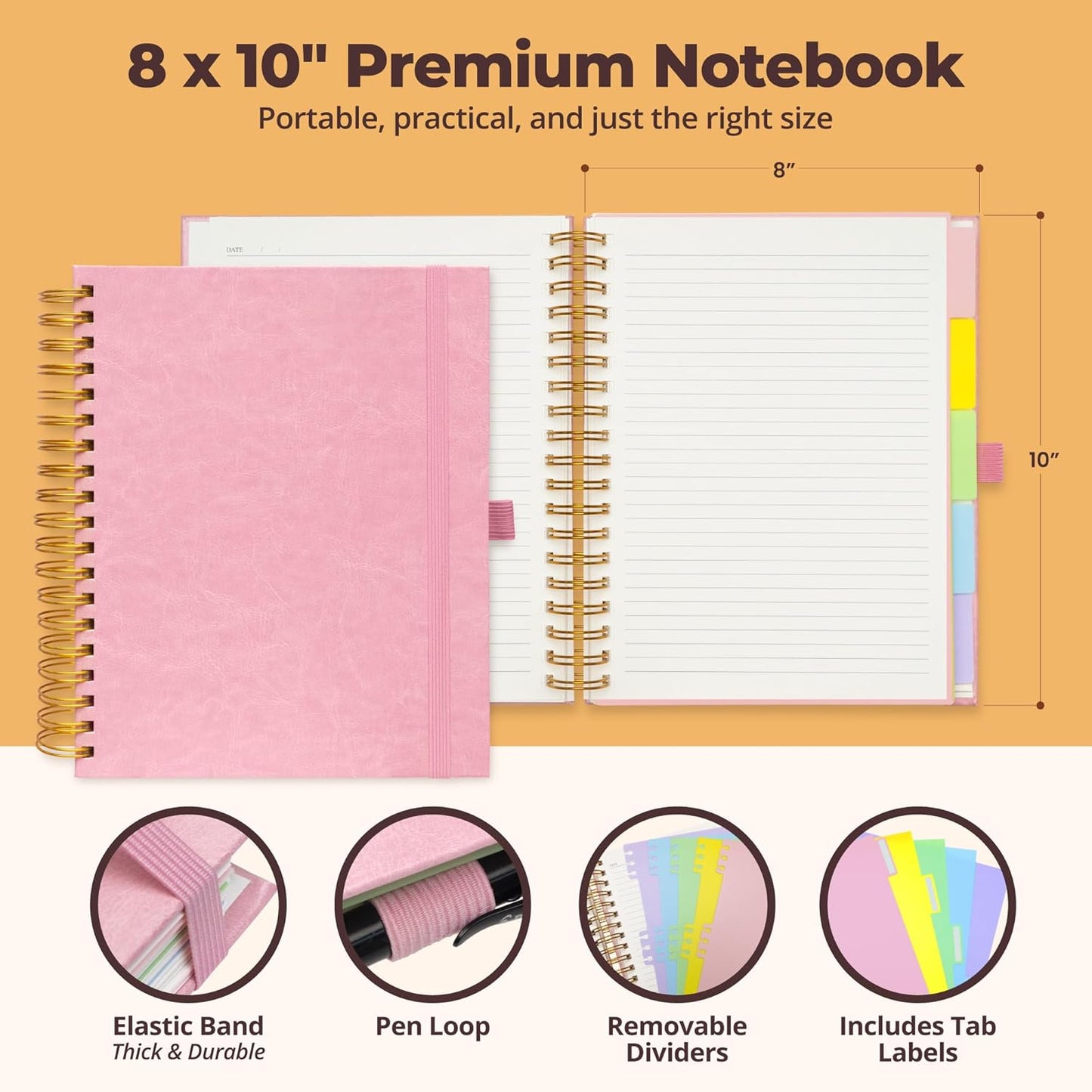 Hardcover Leather Lined Spiral Notebook 8x10" with Removable Dividers - Black - 300 Pages 5 Subject College Ruled Notebook for Work with Tabs, Pockets, and Pen Loop for Note Taking, Large Journal
