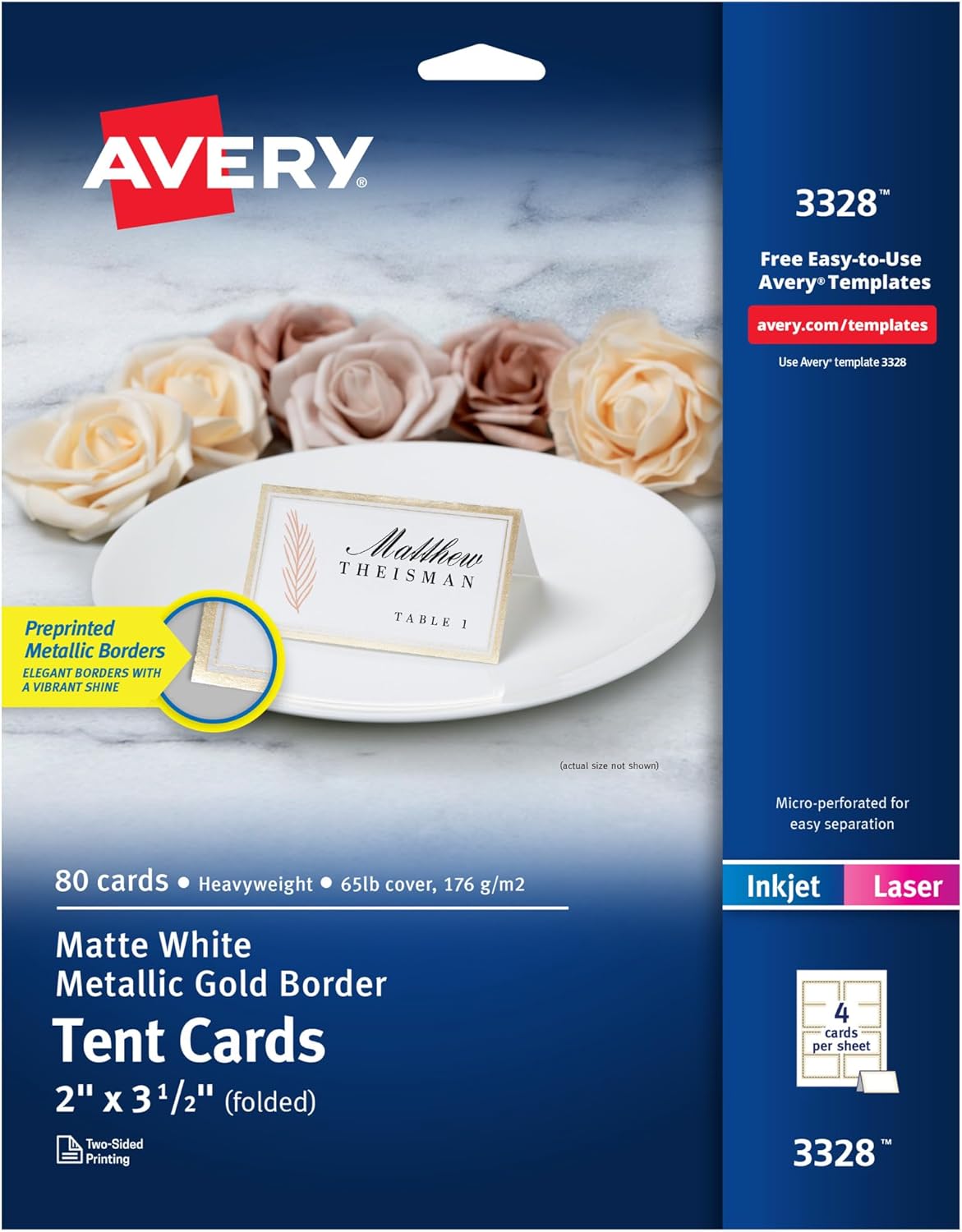 Avery Printable Tent Cards with Sure Feed Technology, 2" x 3.5", White, 160 Blank Place Cards for Laser or Inkjet Printers (5302)
