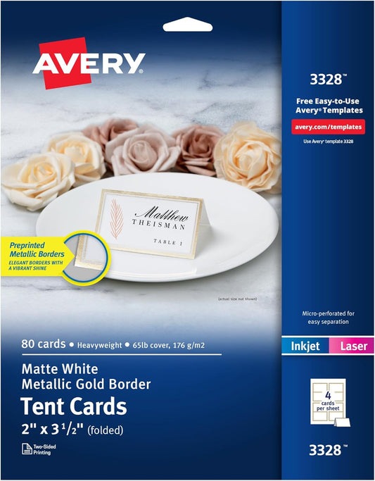 Avery Printable Tent Cards with Sure Feed Technology, 2" x 3.5", White, 160 Blank Place Cards for Laser or Inkjet Printers (5302)