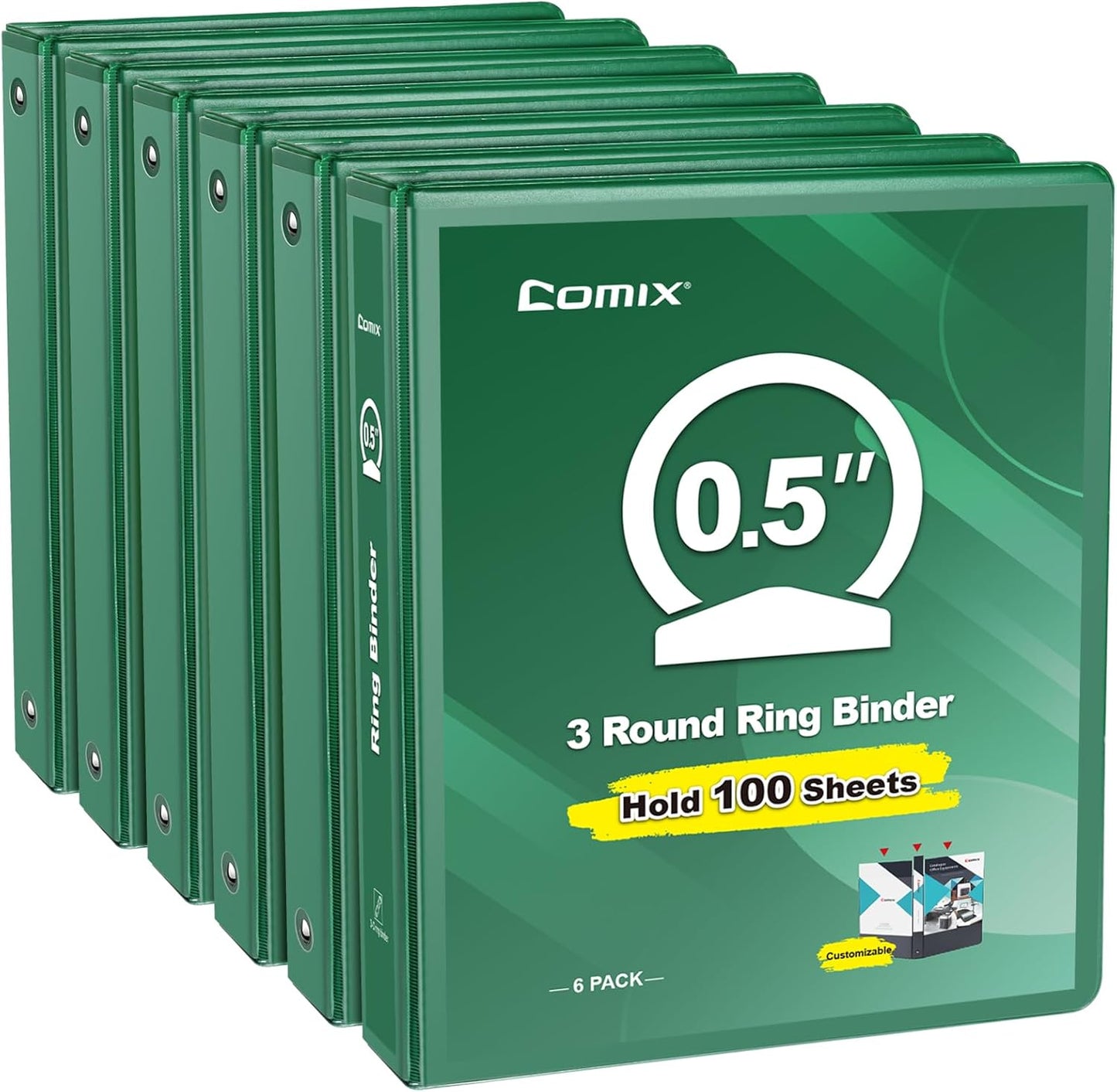 COMIX 3 Ring Binder 2 inch with Clear View Cover, 2" View Binder Holds 450 Sheets of US Letter Size Paper, 6 Pack (Green)