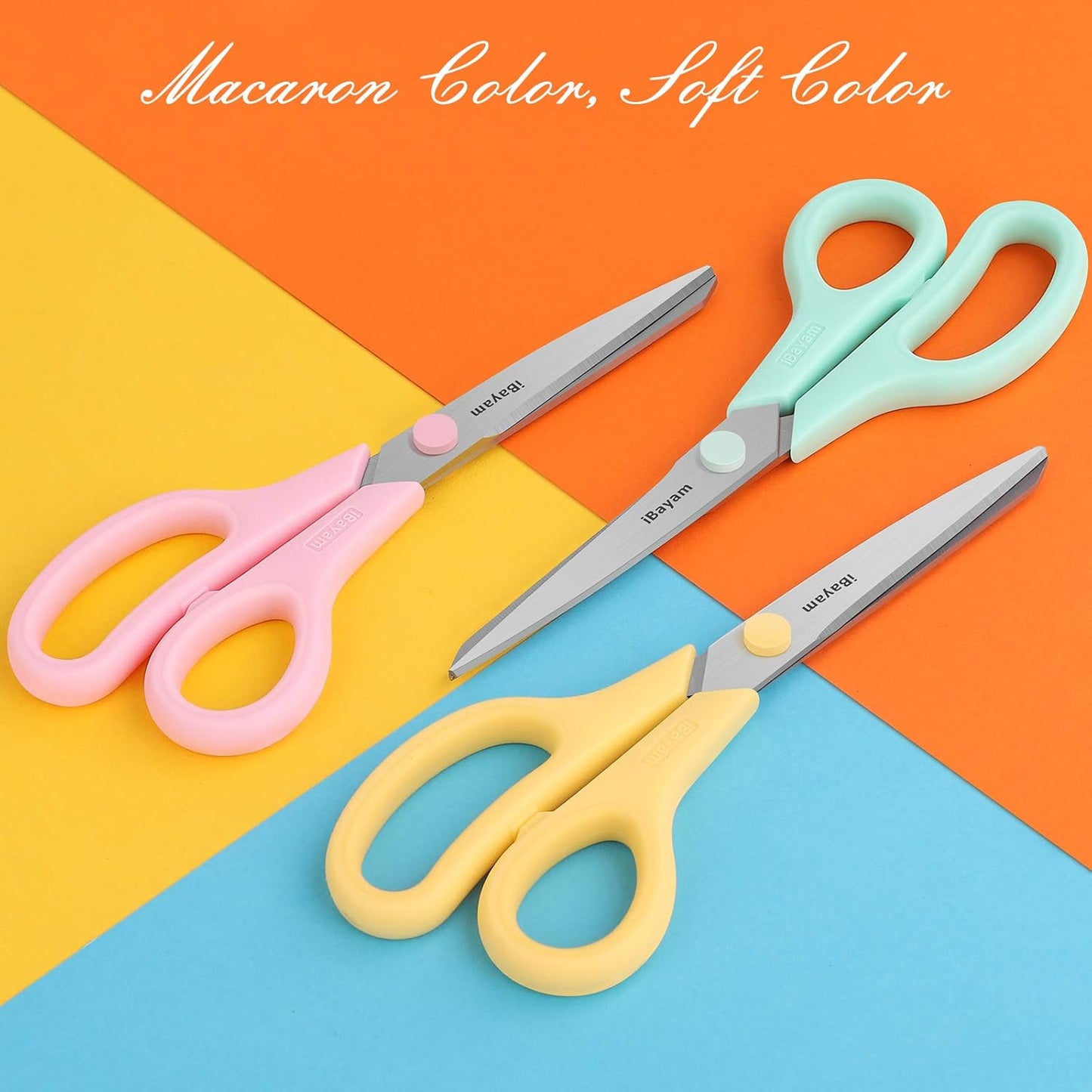 Scissors, iBayam 8" All Purpose Scissors Bulk 3-Pack, Ultra Sharp 2.5mm Thick Blade Shears Comfort-Grip for Aesthetic Fun Cute School Office Teacher Desk Crafts and Art Supplies Accessories Essential
