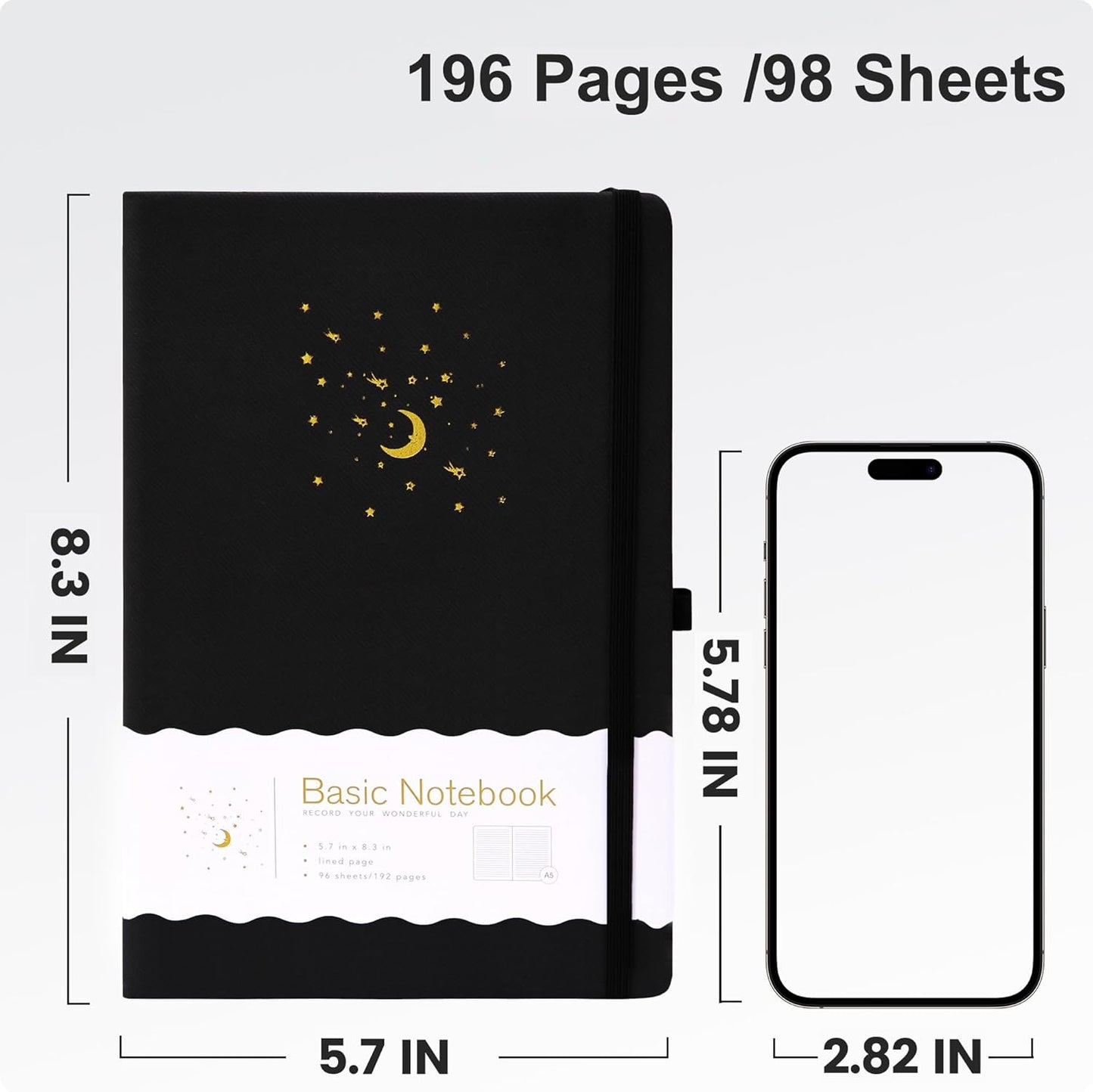 CAGIE Journal Notebook for Women Men, Hardcover Lined Notebooks Journals for Writing Work Journaling Note Taking Diary with Pen Loop (Black Ruled), Gifts, 5.7" x 8.3", 196 Pages