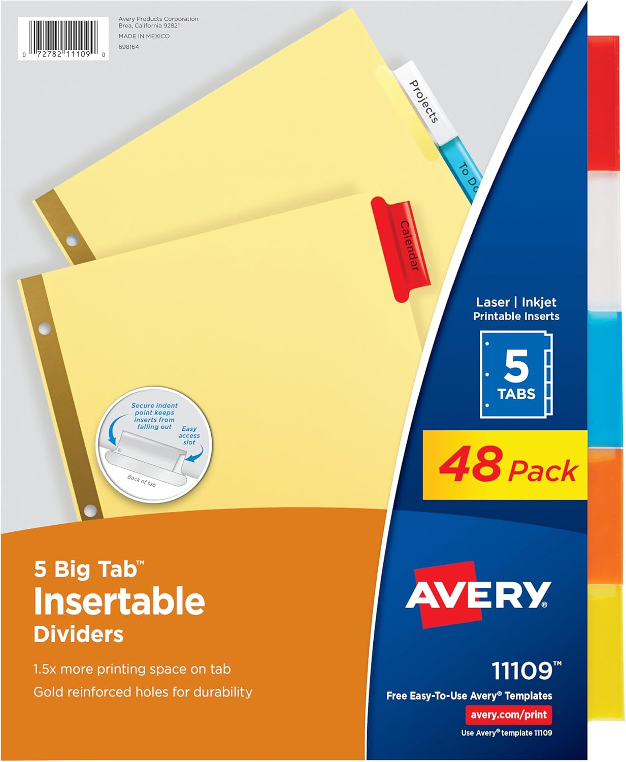 Avery Binder Dividers - 5-Tab Insertable Multicolor Big Tabs for Binders, 1 Set of Dividers (11109)