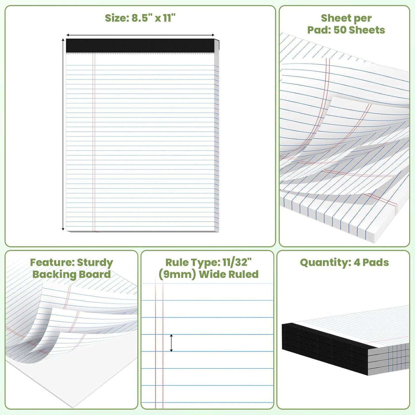 24 Pack Legal Pads 8.5" x 11", Wide Ruled Writing Notepads, 50 Sheets/Pad, Perforated Pages, 1200 Sheets Lined Paper for School Office Supplies