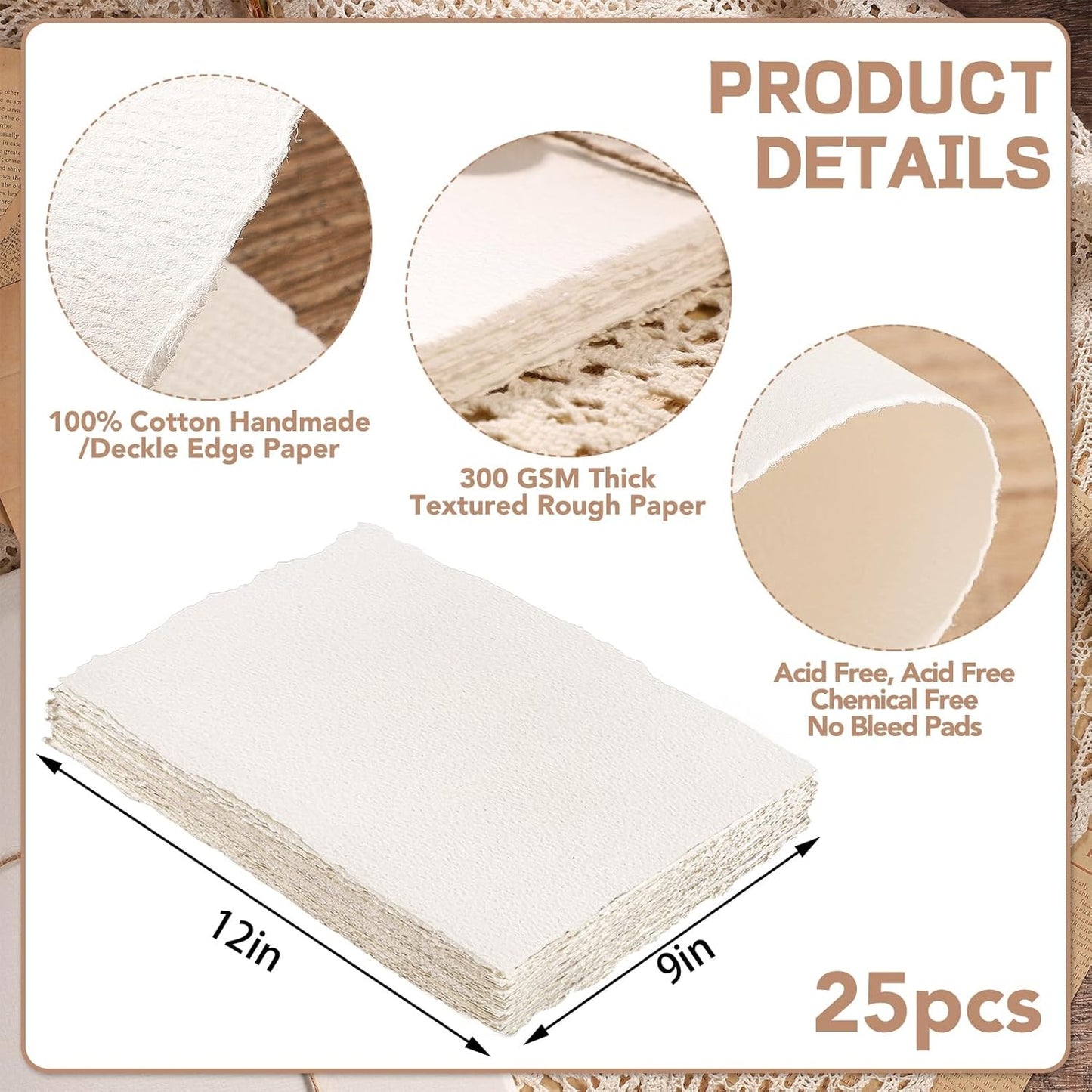Prudiut 25 Sheets Cotton Watercolor Paper, 300 GSM Deckled Edge, 5 x 7 inch, Rough/Textured, White, for Watercolors, Wedding Invitations, Cards, Crafts