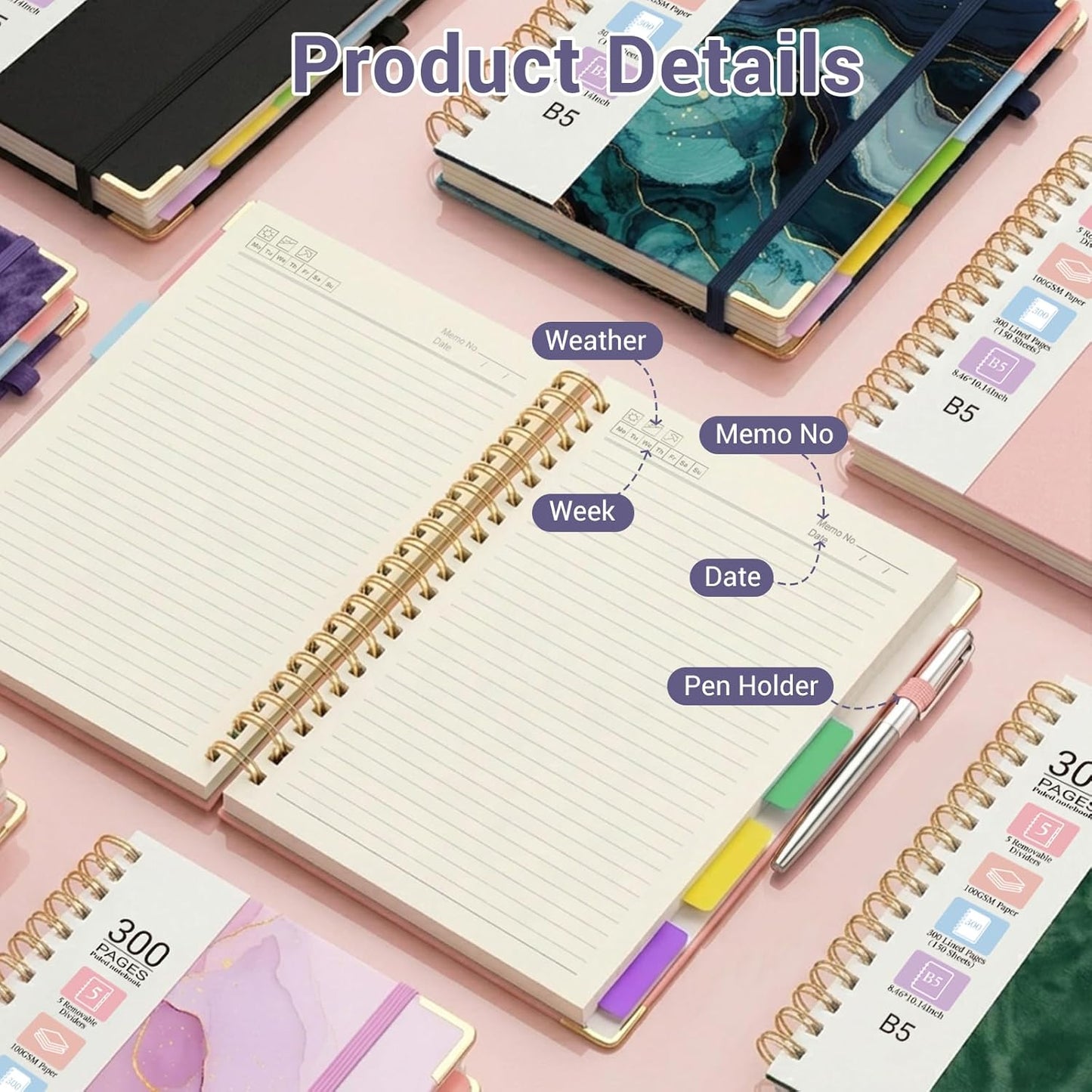 Hardcover Spiral Journal Notebook, 300 Pages 5 Subject Notebook College Ruled with Removable Dividers Tabs, 8" x 10" Notebooks for Work, Spiral Ruled Lined Writing Journal Hardcover Leather Notebook for School (Black, 8''x 10'')