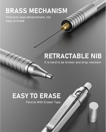 Nicpro 0.5 mm Mechanical Pencils Set with Case, 3 Metal Artist Pencil With 480PCS HB Lead Refills, 3 Erasers,9 Eraser Refills For Architect Art Writing Drafting, Drawing, Engineering, Sketching, Black