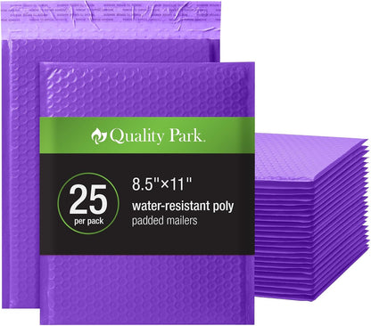 Quality Park Bubble Mailers, 8.5 x 11 Shipping Envelopes, Water Resistant White Poly Padded Envelopes, Redi-Strip Peel Off Closure, 25/Box (QUA85859)