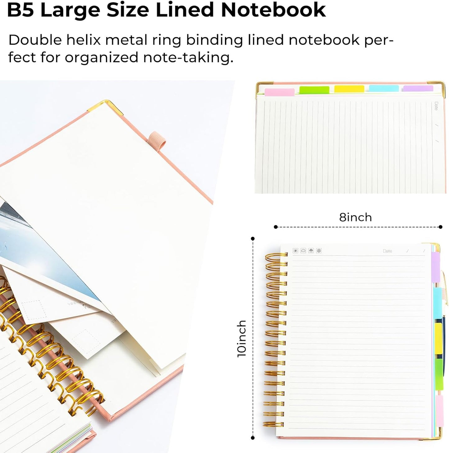 M&G Hardcover Spiral Notebook, 5 Subject Noteboook College Ruled 300 Page, Large 8"x10" B5 Notebooks for Work School, Lined Journal for Women & Men, Black