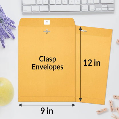 SUNEE Envelops, 9"x12" Brown Kraft Envelopes with Clasp Closure, 28-lb Paper Mailing Envelopes, 100 Count, Great for Filing, Storing or Mailing Documents
