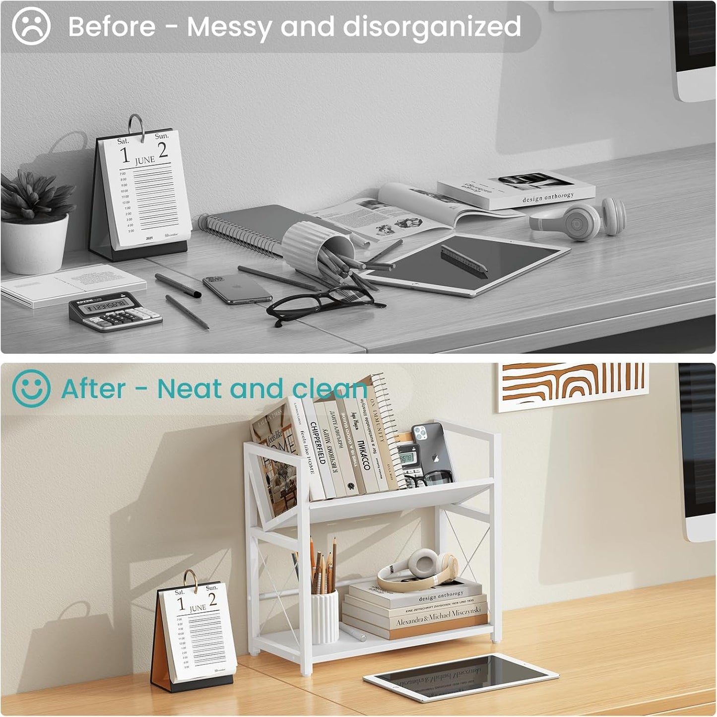 ELITEROO Desktop Bookshelf, 2 Tier Desk Shelf Organizer, Wooden Tabletop Bookcase, Small Desk Top Book Rack for Office, Home, Bedroom, Small Space Storage and Display, Rustic Brown