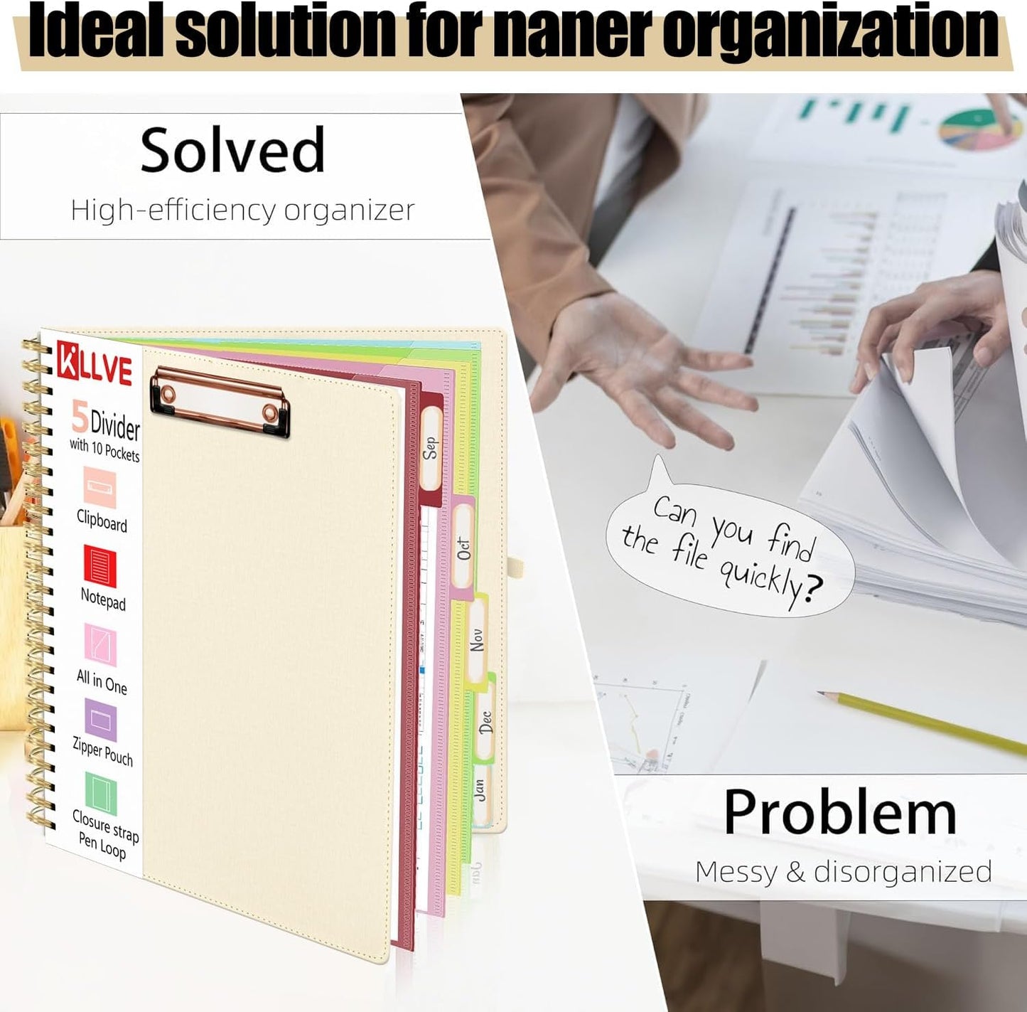 Grey Foldable Spiral Clipboard Folio with Storage Zipper Pouch, 5 Plastic Folders with Pockets,Refillable Lined Notepad (8.5" x 11"), Hardcover Project Organizer with 39 Stickers