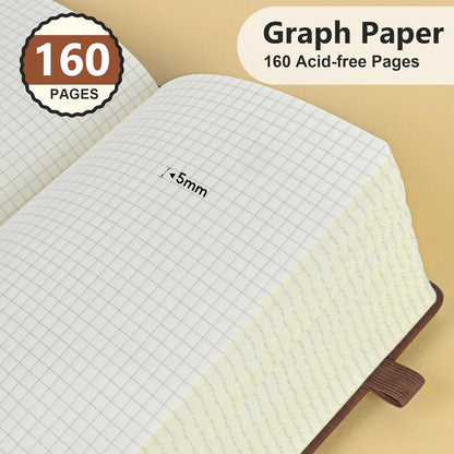 PERCUN Graph Paper Notebook, 160 Pages Grid Journal for women & men, A5 Hardcover Leather Graphing Notebook for School, Work, Travel, Note Taking 5.9”x8.5” (Black)
