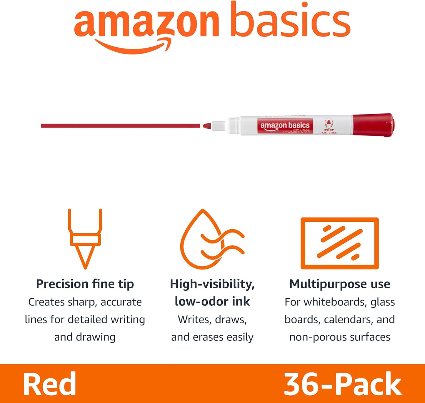 Amazon Basics Low-Odor Dry Erase Whiteboard Markers, Fine Tip, Quick-Dry, Black, 36-Pack