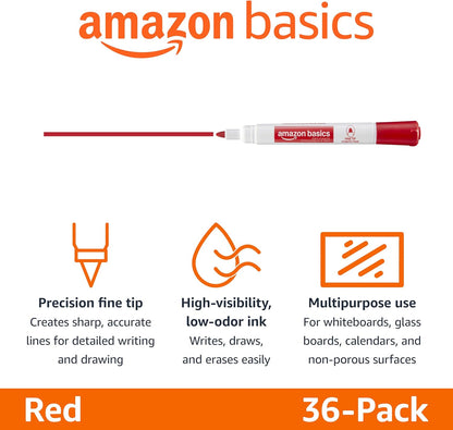 Amazon Basics Low-Odor Dry Erase Whiteboard Markers, Fine Tip, Quick-Dry, Black, 36-Pack