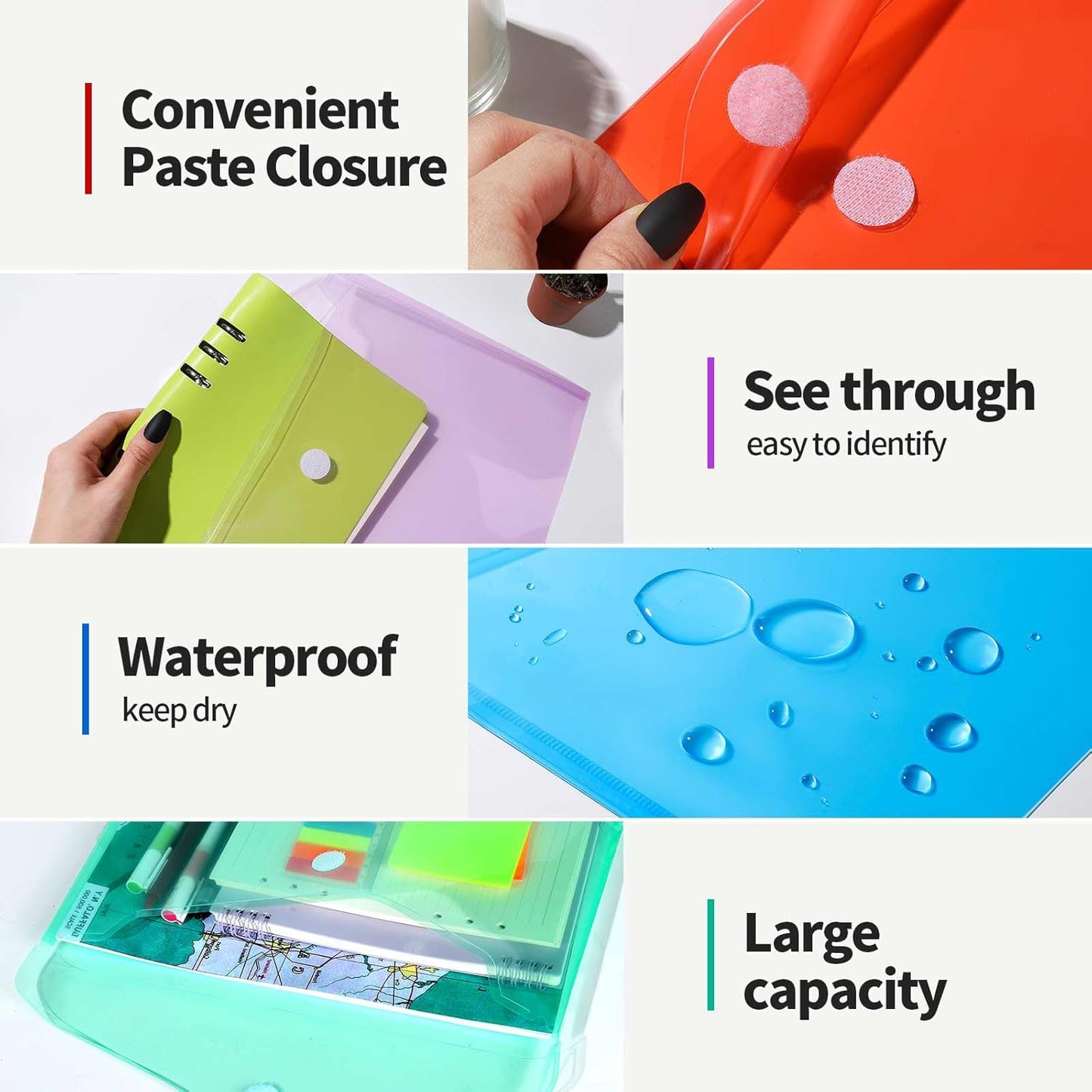 LEOBRO Plastic File Folders for Documents, 6 PCS Plastic Envelopes, Reusable Clear File Folders File Bags Document Holder, A4 Size