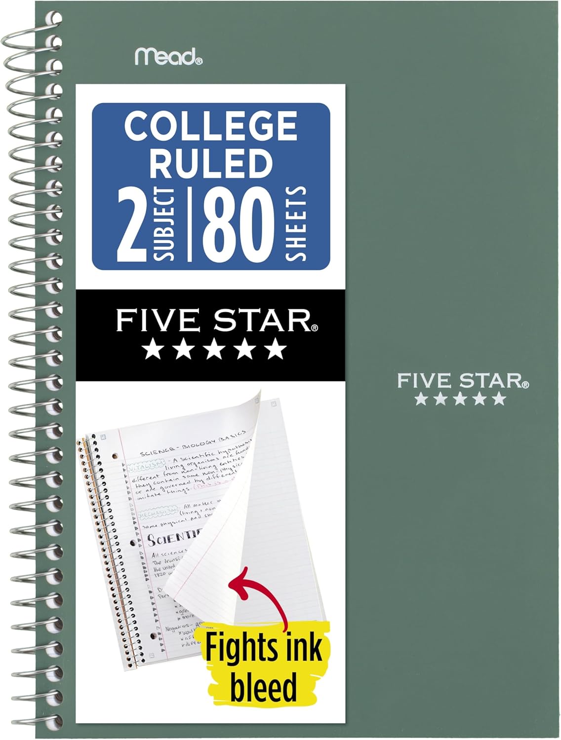 Five Star Spiral Notebook, 2 Subject, College Ruled Paper, 6" x 9.5", 80 Sheets, Blue (Color May Vary) (840029CG1)