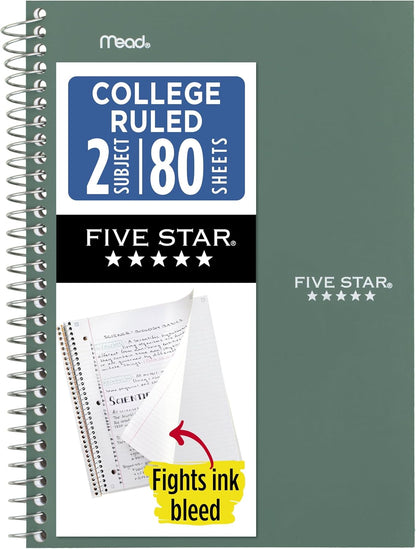 Five Star Spiral Notebook, 2 Subject, College Ruled Paper, 6" x 9.5", 80 Sheets, Blue (Color May Vary) (840029CG1)