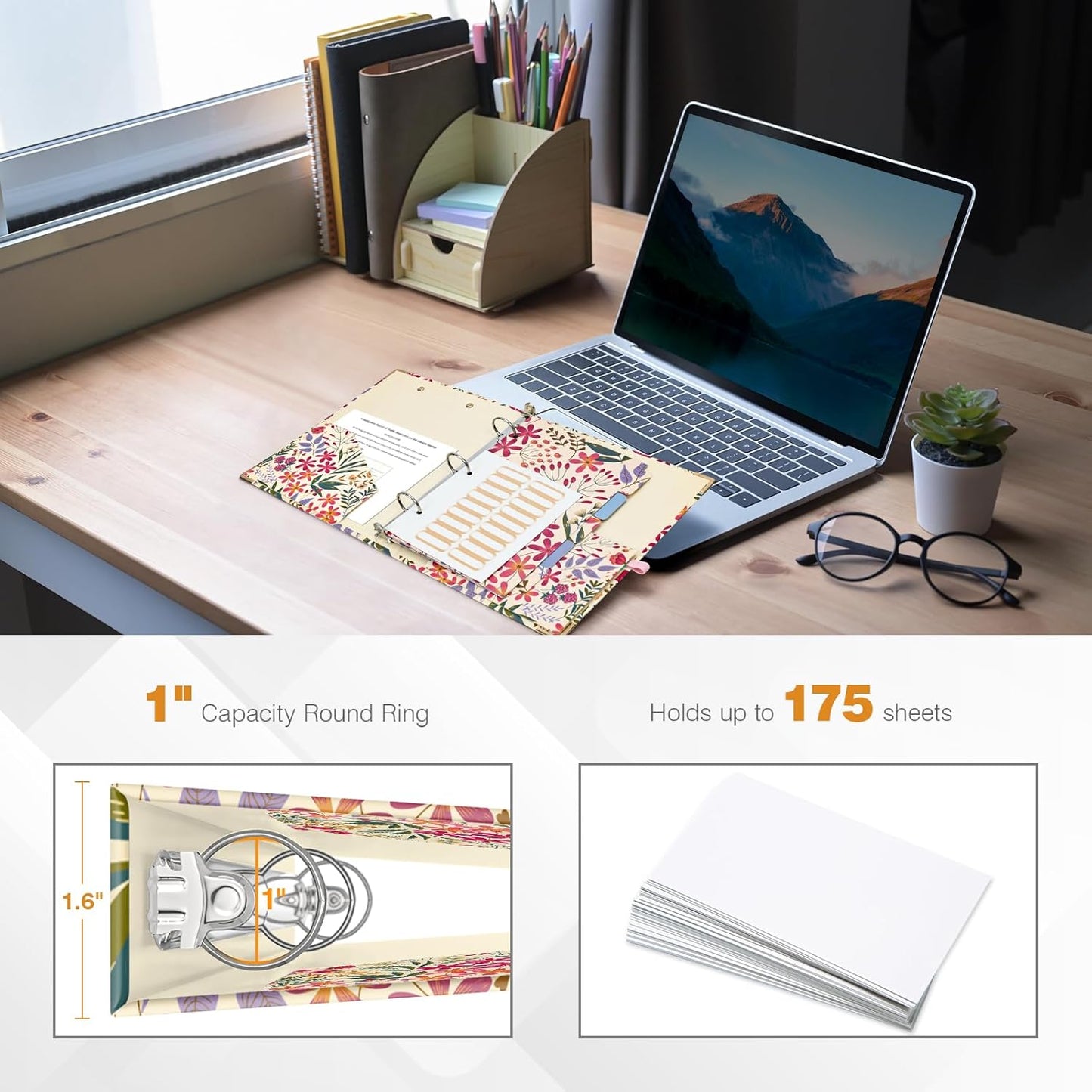 Ospelelf Binder 3 Ring 1 Inch, Floral Round Ring Clipboard Binder for Letter Size with 5 Tab Dividers, File Folder Labels, for School and Office Supplies