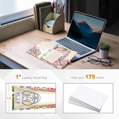 Ospelelf Binder 3 Ring 1 Inch, Floral Round Ring Clipboard Binder for Letter Size with 5 Tab Dividers, File Folder Labels, for School and Office Supplies