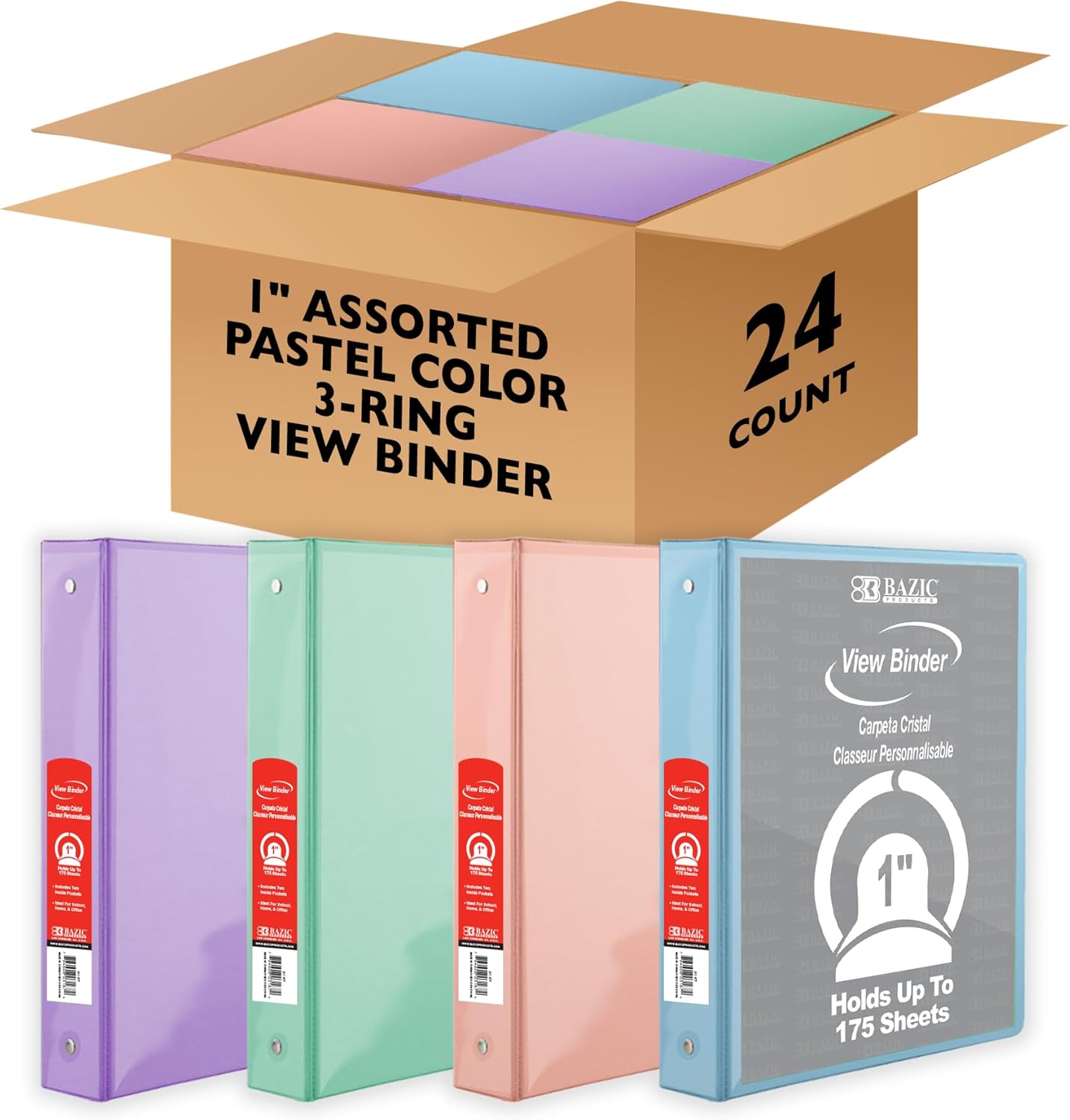 BAZIC Products 3 Ring Binder 1" Economy View Binders Organizer - Pastel Color, Round Ring, Hold 175 Sheets Paper, for School Office Home, 4-Count