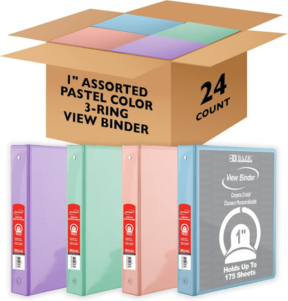 BAZIC Products 3 Ring Binder 1" Economy View Binders Organizer - Pastel Color, Round Ring, Hold 175 Sheets Paper, for School Office Home, 4-Count