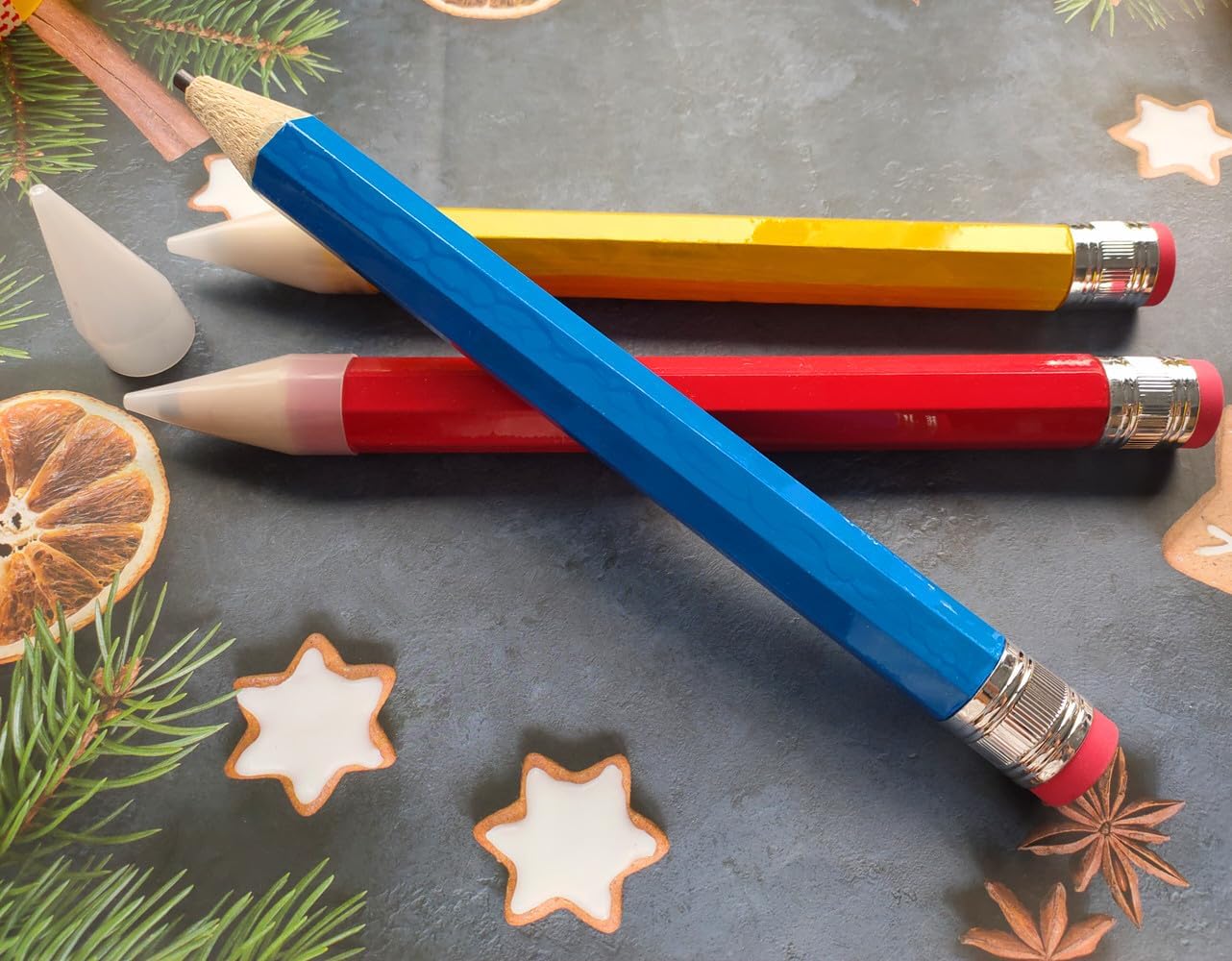 Ebonee 3 Pack Funny Big Pencil for Kid, Novelty Wooden Jumbo Pencils with Cap Eraser, 14 Inch Wood Large Giant Pencil DIY Woodworking for School Office Writing (Blue, Red, Yellow)