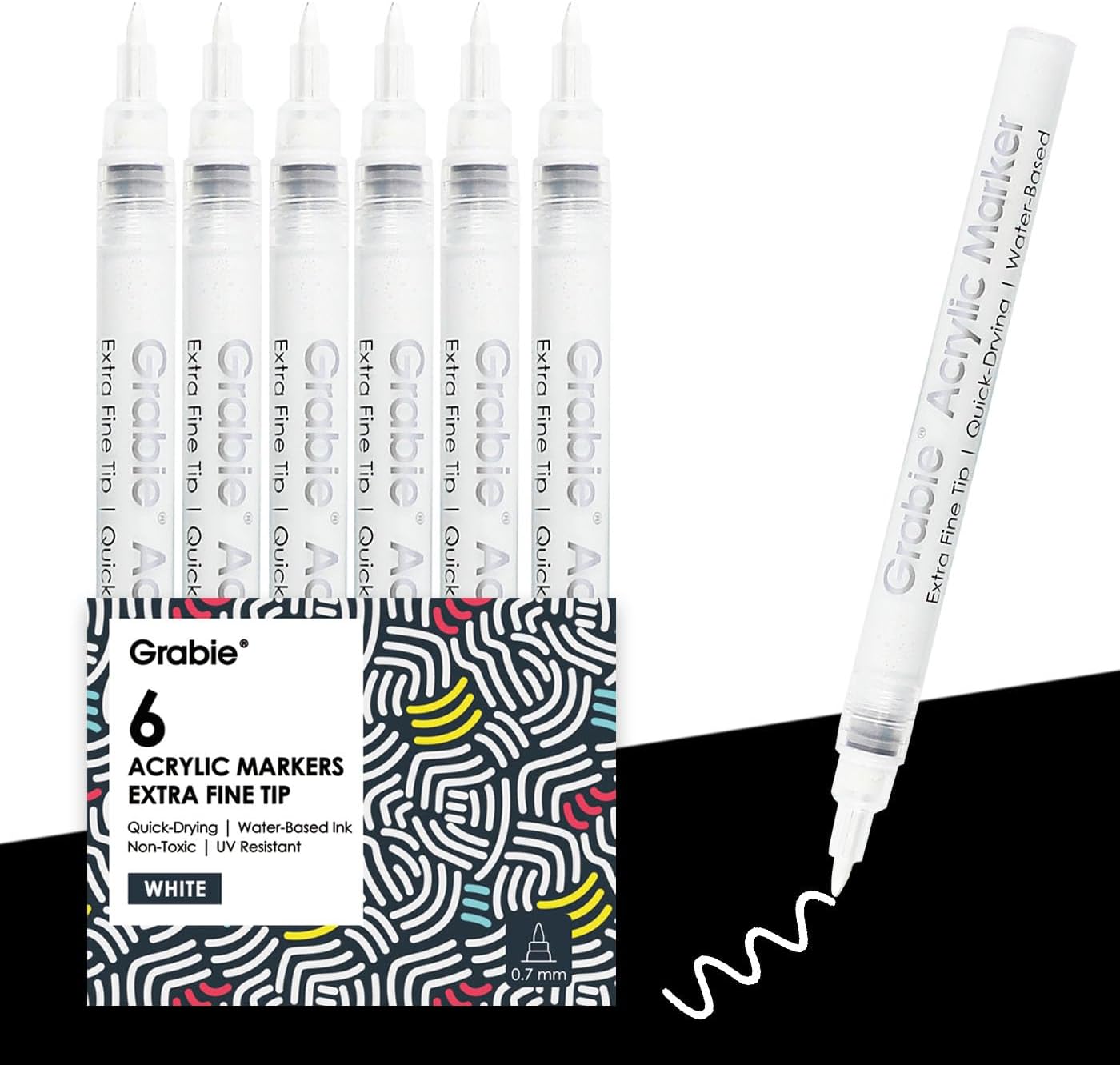 Grabie Black & White Extra Fine Tip Acrylic Paint Marker Set, 6 Pack, 0.7mm Acrylic Paint Pens for Highlights and Fine Details on Drawings, Rock Painting Glass Canvas Wood, White Highlight Markers