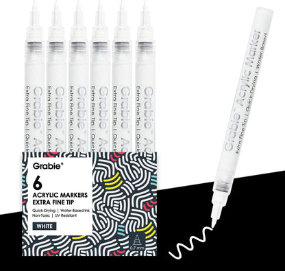 Grabie Black & White Extra Fine Tip Acrylic Paint Marker Set, 6 Pack, 0.7mm Acrylic Paint Pens for Highlights and Fine Details on Drawings, Rock Painting Glass Canvas Wood, White Highlight Markers