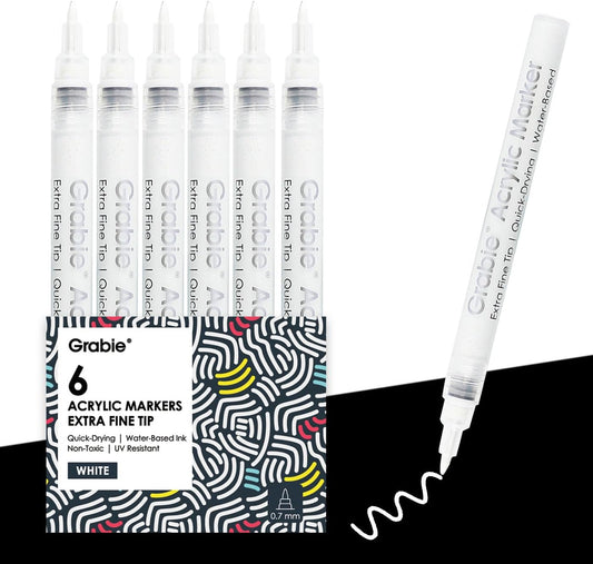 Grabie Black & White Extra Fine Tip Acrylic Paint Marker Set, 6 Pack, 0.7mm Acrylic Paint Pens for Highlights and Fine Details on Drawings, Rock Painting Glass Canvas Wood, White Highlight Markers
