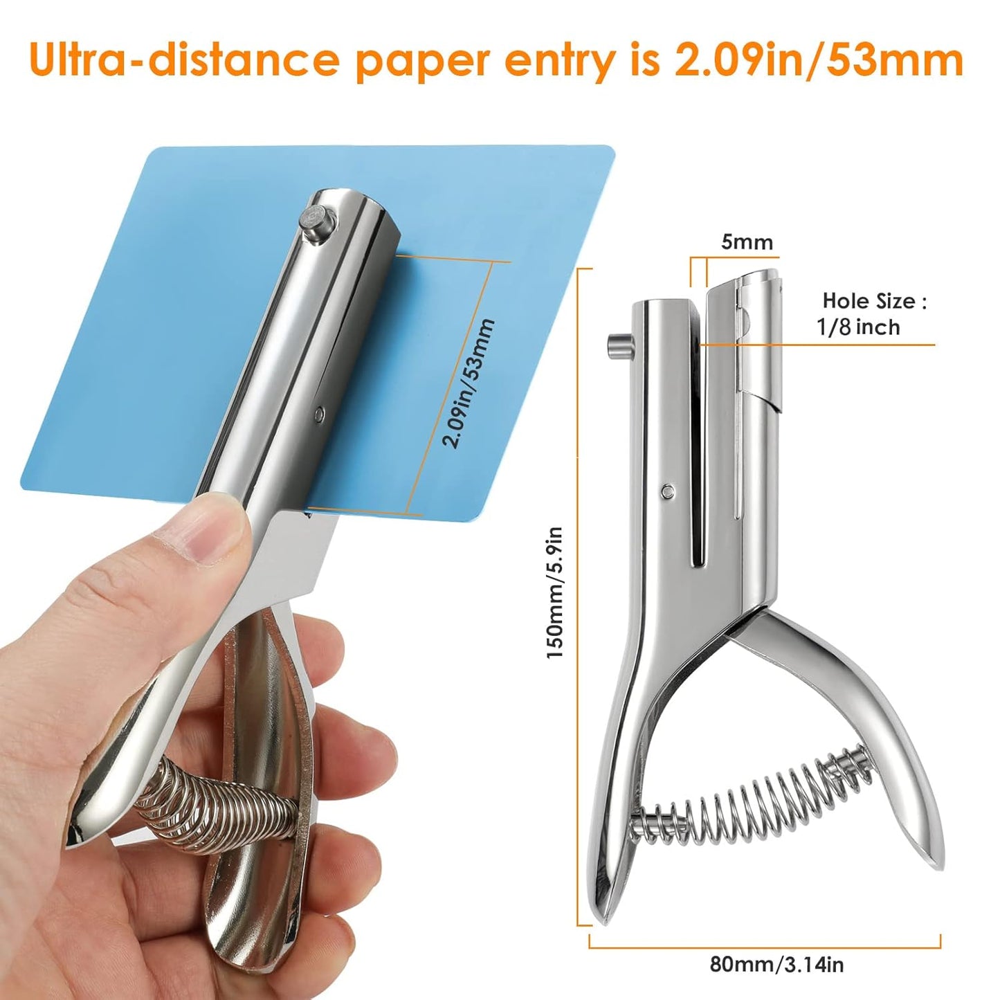Hole Punch 2" Reach 1/4 inch Single Hole Punch,Heavy Duty Hole Puncher Single,Portable Hand Held Long Paper Punch for Paper Cards Plastic Cardboard (Silver) (1/4"-6mm Hole)