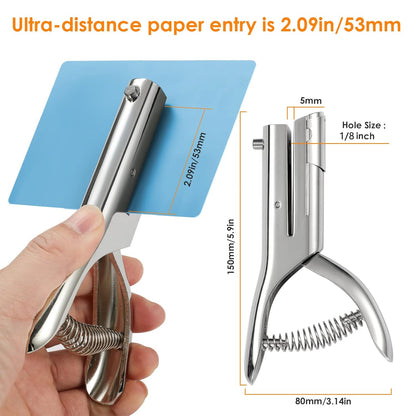 Hole Punch 2" Reach 1/4 inch Single Hole Punch,Heavy Duty Hole Puncher Single,Portable Hand Held Long Paper Punch for Paper Cards Plastic Cardboard (Silver) (1/4"-6mm Hole)