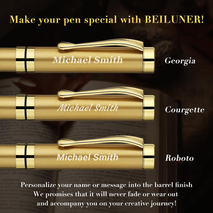 BEILUNER Ballpoint Pens, Stunning Black Chrome Metal Pen with Golden Trim, Best Ball Pen Gift Set for Men & Women, Professional, Executive, Office, Nice Pens-Gift Box with 0.5mm Black Extra Refill