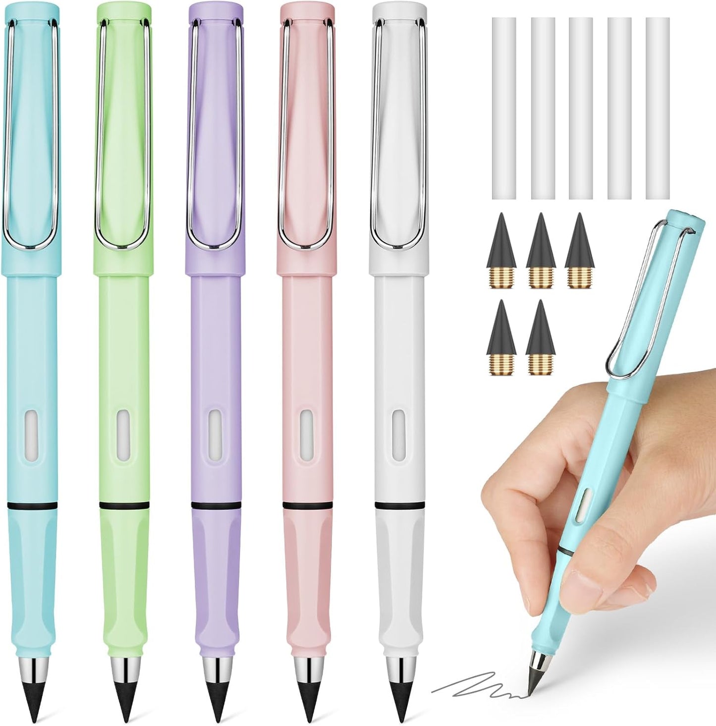 Ainiv Inkless Pencil with Eraser - 5 Sets Infinity Pencil, Reusable with Extra 5 Eraser & 5 Replaceable Nibs for Home, Office & School Writing, Drawing