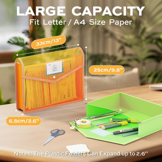 Deli 10 Pack Plastic Expanding File Folder, Folders for Documents with Snap Closure, Colorful File Folder Organizer, Transparent Accordion File Organizer, Large Capacity, Fit Letter/A4 Size, 9 Colors