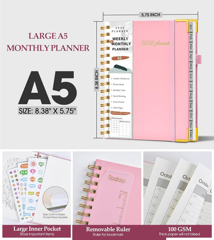2026 Planner, Weekly and Monthly Calendar Planner from January 2026 - December 2026, 8.5" x 11" Hardcover Leather Hourly Appointment Book with Tabs, Spiral Daily Planners for School Work Home, Green