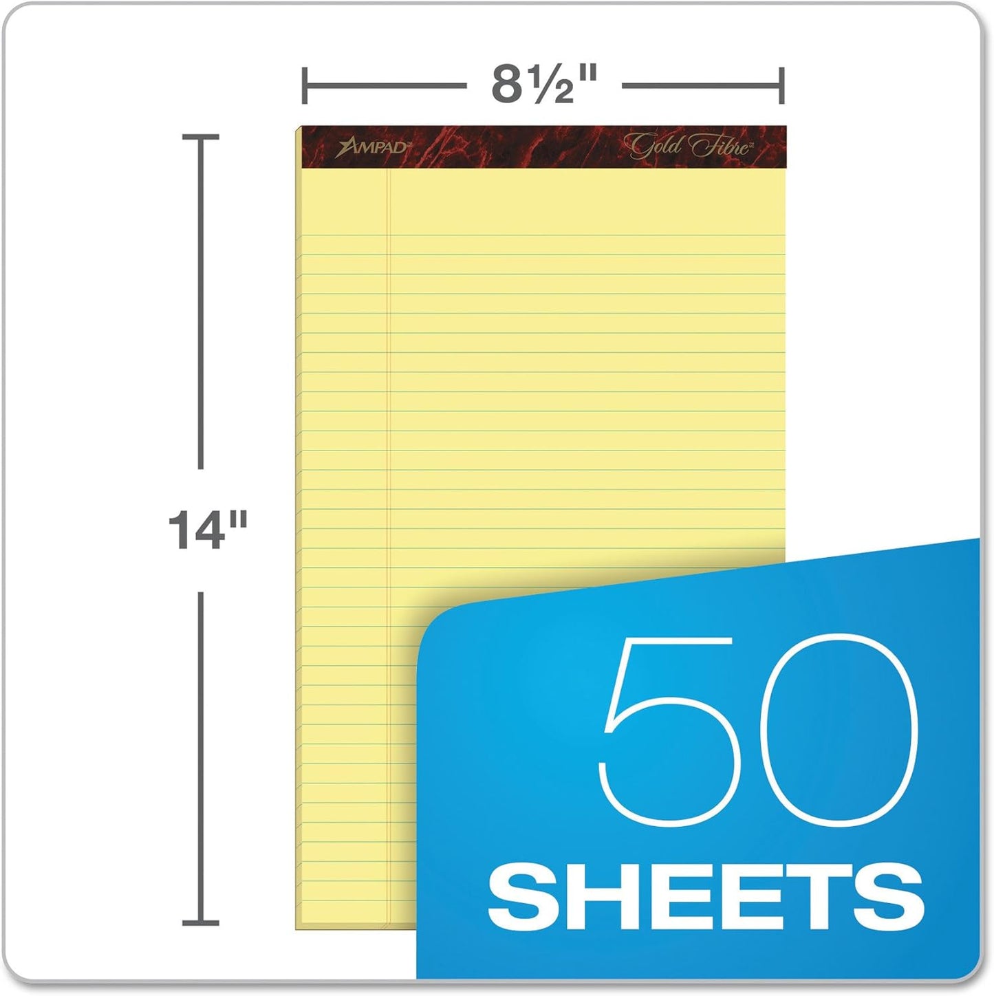 Ampad Gold Fibre Writing Pads, 8-1/2" x 14", Legal Rule, Canary Paper, 50 Sheets, 12 Pack (20-030R)